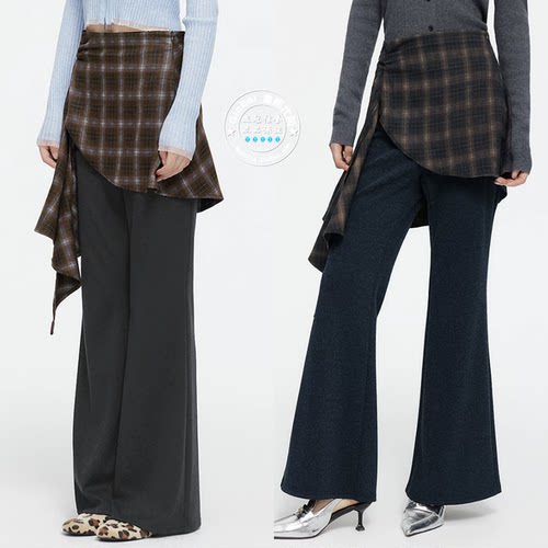 MOUSSY26秋格纹假两件喇叭裤子
