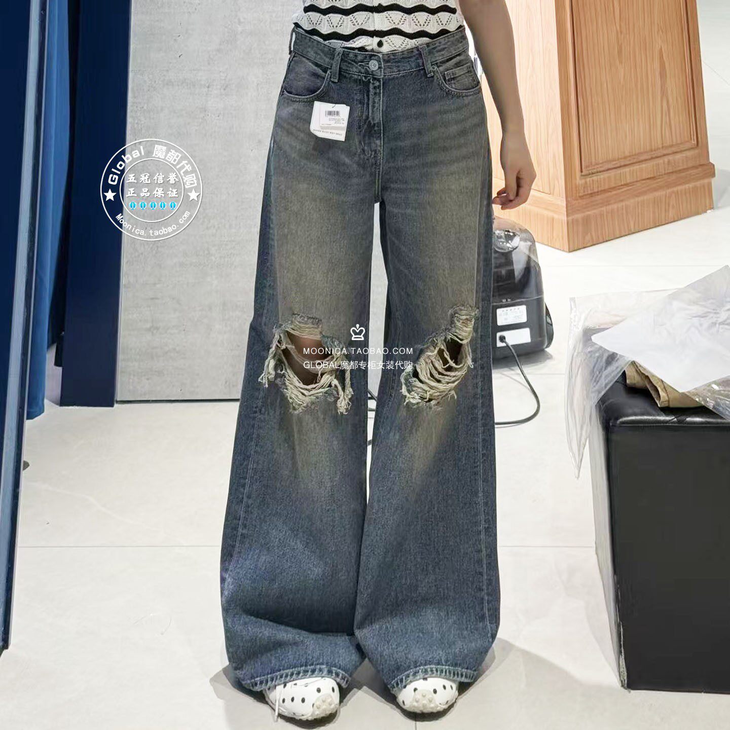 MOUSSY26夏膝盖破洞直筒牛仔裤子