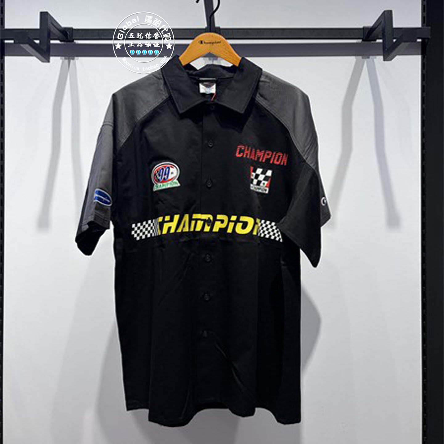 CHAMPION机车短袖翻领衬衫男