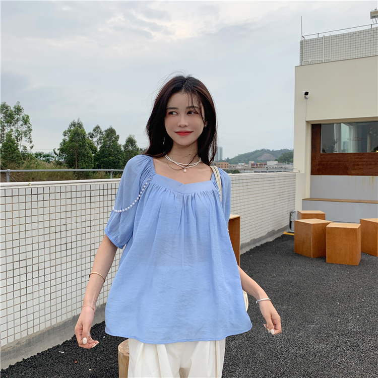 Real price ~ Korean fashion pearl chain decoration casual pleated shirt