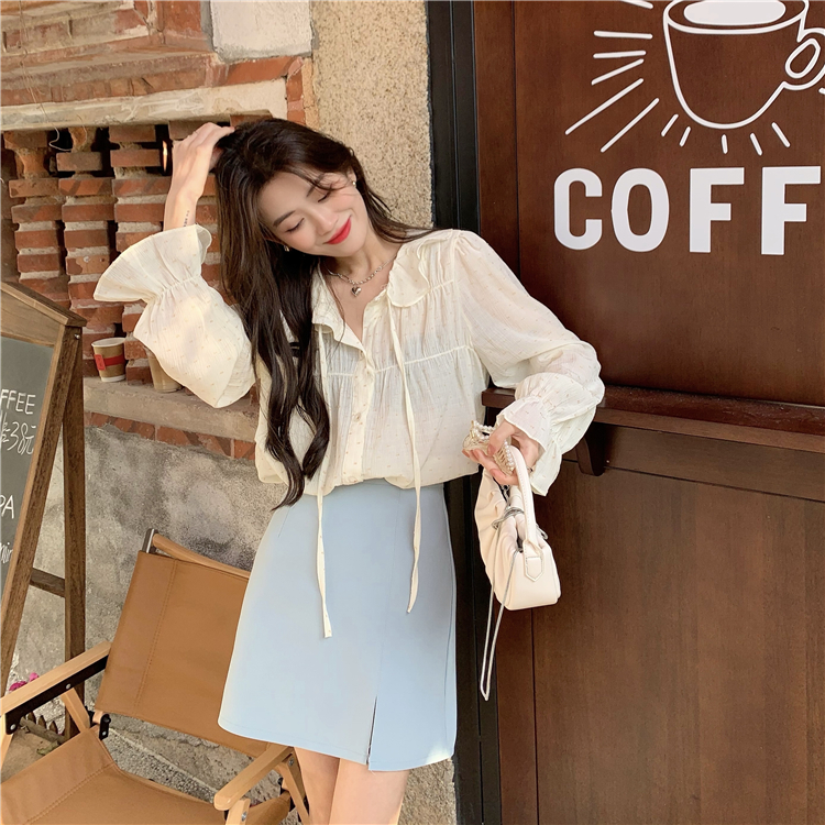 Real price ~ Korean version lapel tie ear edge pleated single breasted loose trumpet sleeve shirt