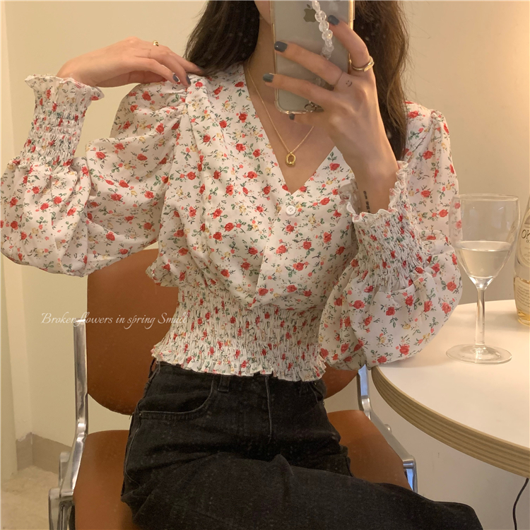 Real price ~ fashion V-neck bubble sleeve pleated design Floral Chiffon shirt