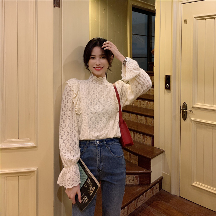 Real shot and real price ~ temperament high collar lace hollowed out slim fit long sleeve with bottom coat