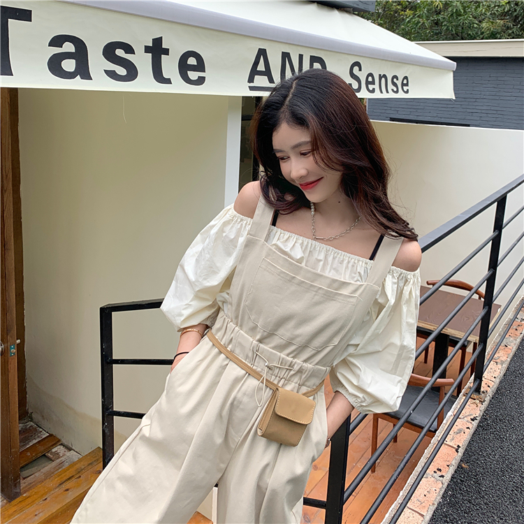 Real price ~ Hanfeng Lantern Sleeve One Shoulder shirt + casual loose wide leg strap pants