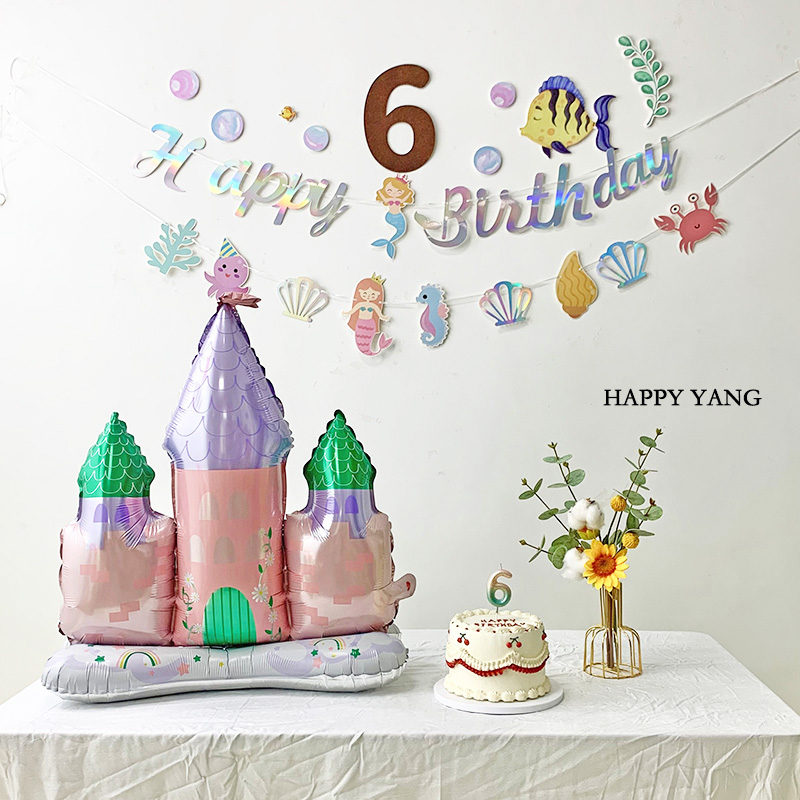美人鱼生日主题派对生日布置拉旗城堡气球美人鱼KT板公主女孩生日