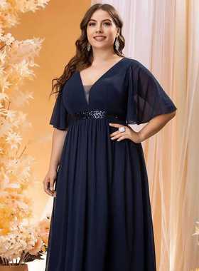 2024亚马逊加大码雪纺长裙亮片宽松优雅的婚礼加码4XL5XL雪纺礼服