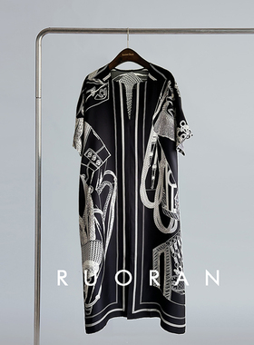 RUORAN Her*ma马鞍花重磅28MM桑蚕丝阔太太洋气高贵气质连衣裙