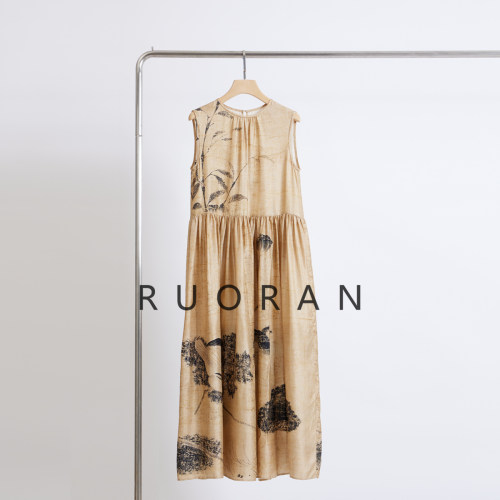 RUORAN东方意境新中式国风100%桑蚕丝水墨印花无袖真丝连衣裙女
