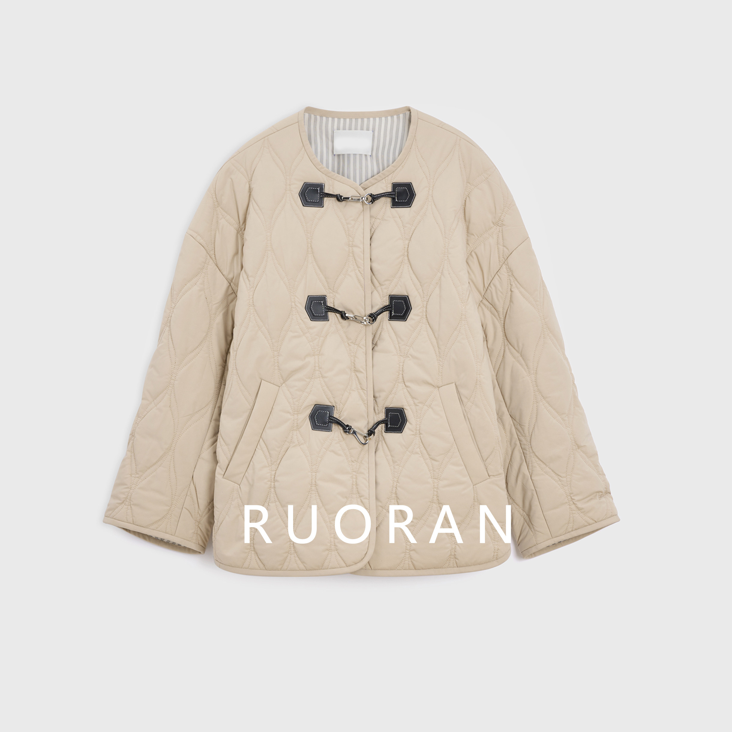 RUORAN秋冬新款宽松版菱格波浪纹绗缝真皮扣时髦早秋棉服外套女