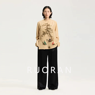 RUORAN东方意境宋徽宗抚琴国画印花新中式冰凉手感斜门襟宽松衬衫