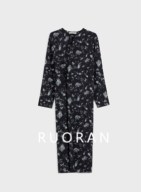 RUORAN 2025早春新款新中式印花黑色真丝桑蚕丝气质连衣裙女