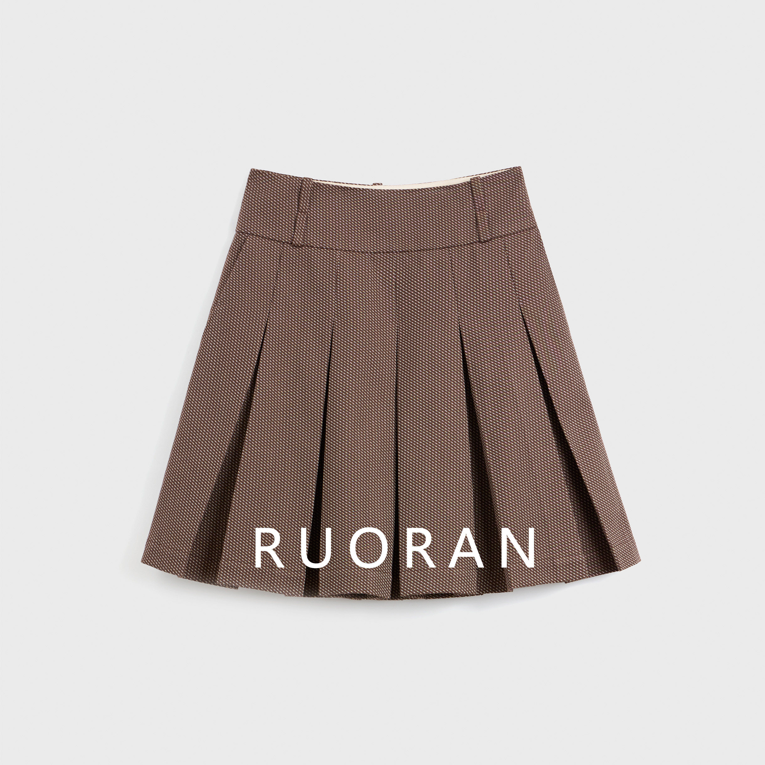 RUORAN MIU系复古学院风早秋格纹皮带百褶半裙新款女