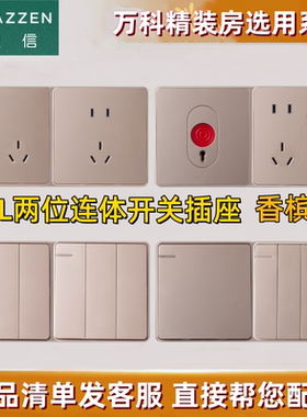 LAZZEN/良信开关插座两位连体五孔带开关错位墙壁电源面板 香槟金