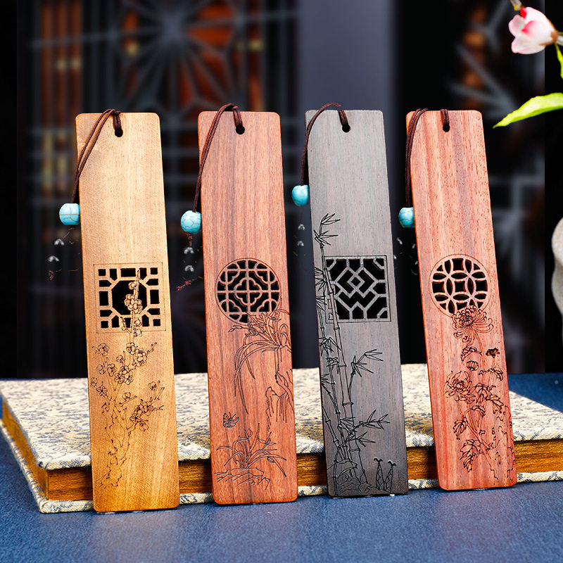古典中国风窗棂古琴黑檀科檀红木书签四件套礼盒套装刻字企业团购