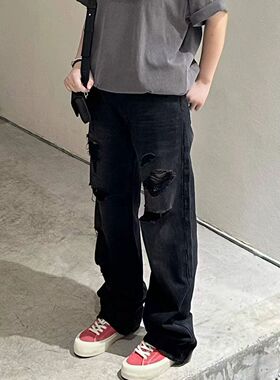 灌术 破洞做旧 水洗黑色 宽松直筒牛仔裤拖地裤50662