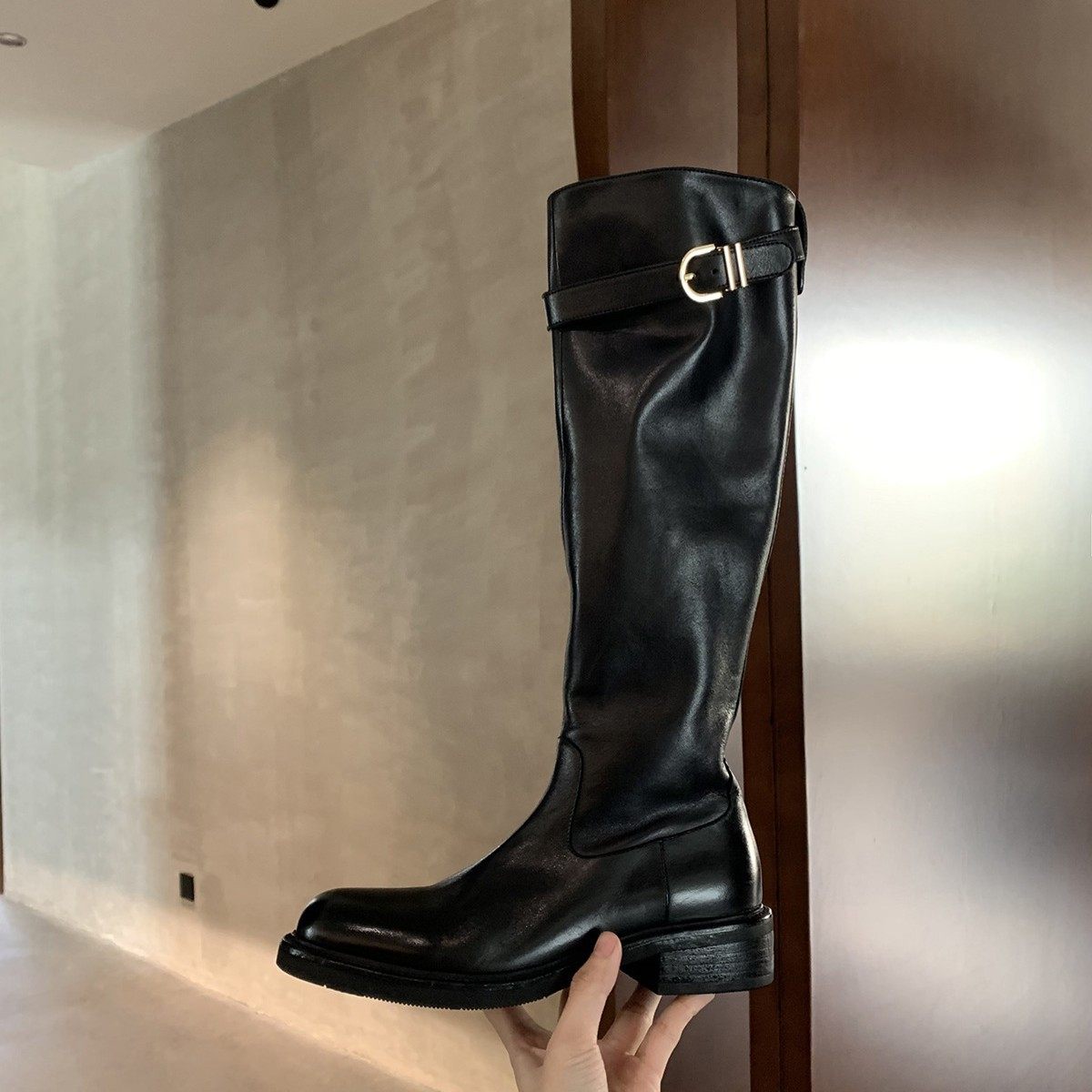 葡萄妈同款复古水洗长筒靴女骑士靴侧拉链加宽加绒胖mm大码瘦瘦靴