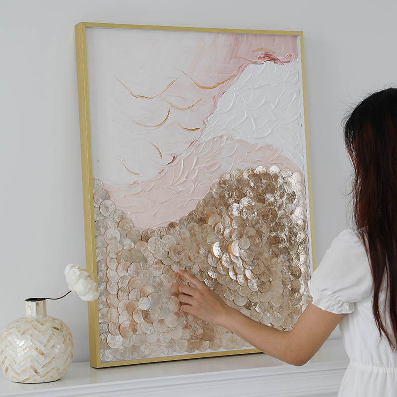 创意高档贝壳装饰画轻奢艺术挂画抽象三联手绘油画卧室玄关定制画图片