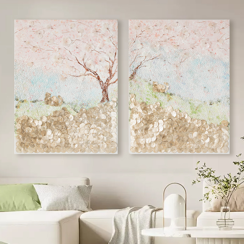 法式手绘风景油画艺术贝壳装饰画客餐厅背景墙壁卧室玄关两联挂画图片
