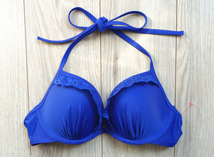 原单比基尼上衣 钢托定型上薄下厚增厚女泳衣 宝蓝刻花聚拢款