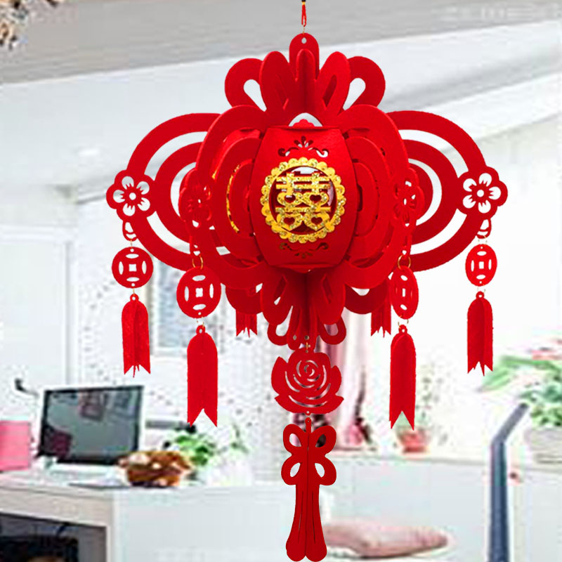 结婚用品大红灯笼婚房装饰布置喜字拉花卡通灯无纺布创意宫灯挂饰