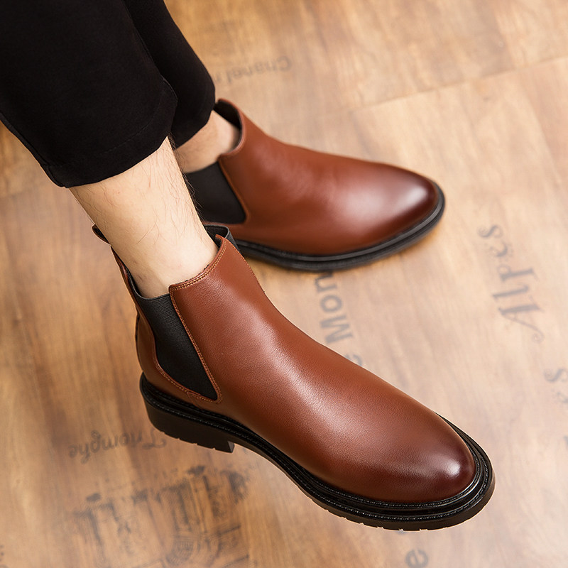 SLIP-ON MARTIN BOOTS CHELSEA MID-TOP LEATHER BOOTS KOREAN BRITISH STYLE RETRO BOOTS HIGH-TOP LEATHER MENS BOOTS LEATHER SHOES
