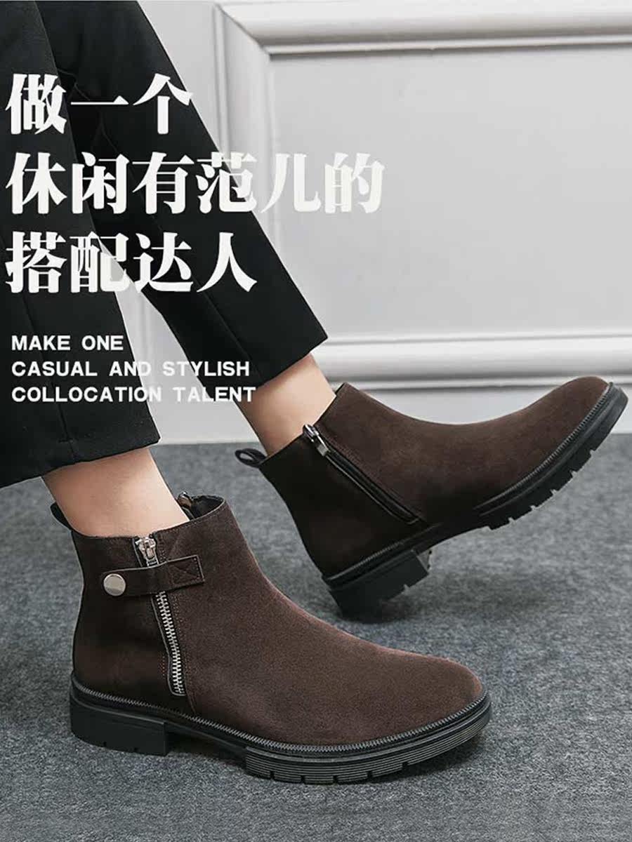 LEATHER CHELSEA BOOTSMENS SIDE ZIPPER POINTED TOE SUEDE BRITISH TREND VINTAGE BOOTIES HIGH-TOP CASUAL LEATHER SHOES