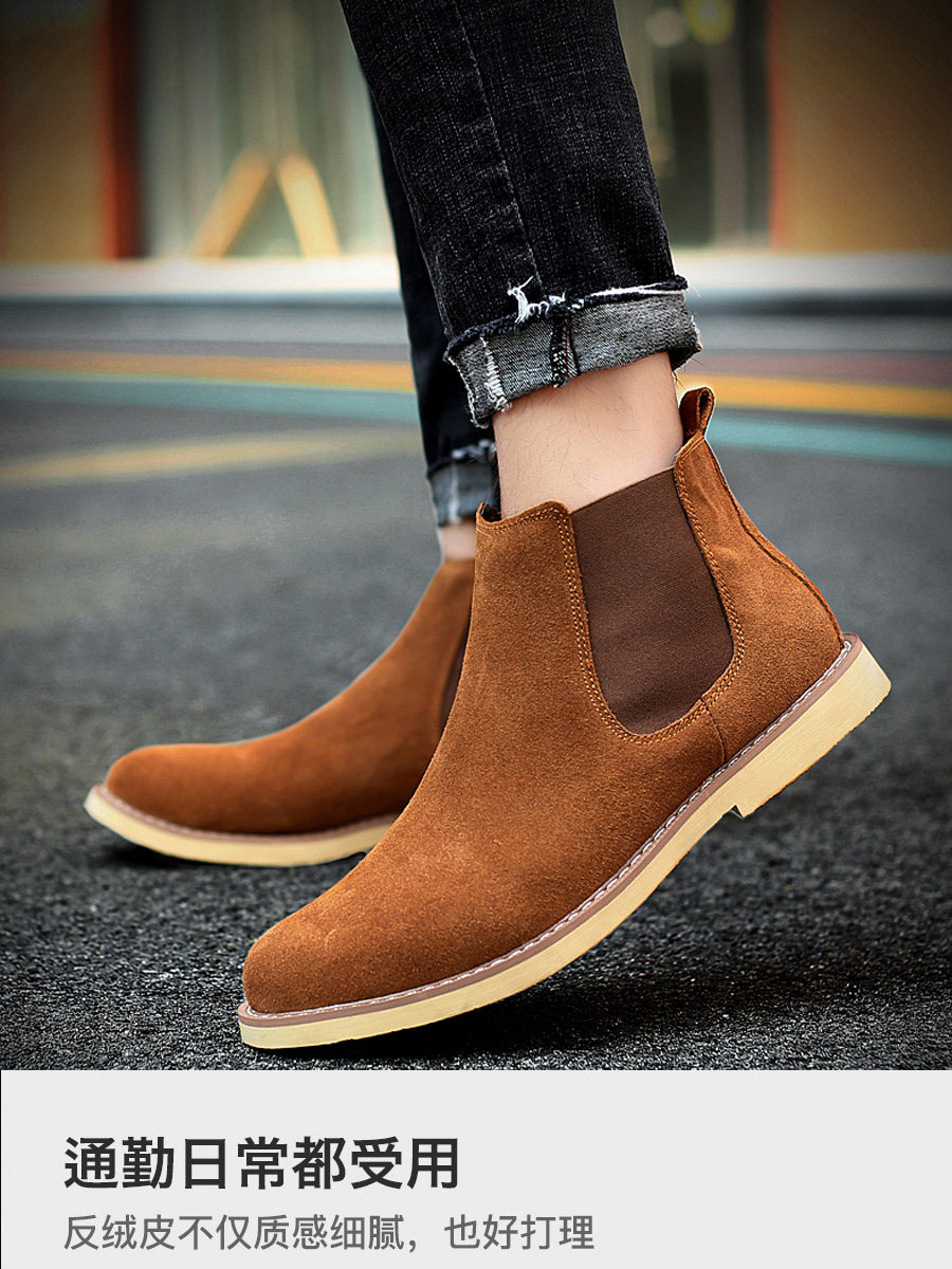 VINTAGE CHELSEA BOOTS MENS WINTER FLEECE MID-TOP LEATHER BOOTS BRITISH STYLE HIGH-TOP TREND VERSATILE MARTIN BOOTS