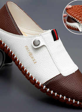 白色手工男鞋真皮百搭豆豆鞋潮一脚蹬懒人软底透气休闲皮鞋驾车鞋