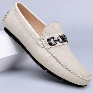 白色豆豆鞋男潮流男鞋真皮透气软底一脚蹬懒人鞋休闲皮鞋男乐福鞋