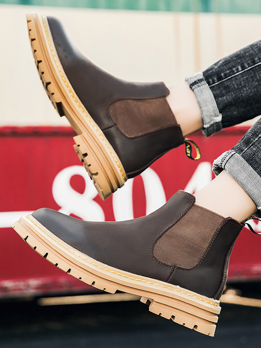 CHELSEA BOOTS MENS LEATHER SPRING AND AUTUMN HIGH-TOP COTTON SHOES MARTIN BOOTS BRITISH MID-TOP WINTER FLEECE BOOTIES CARGO SHOES