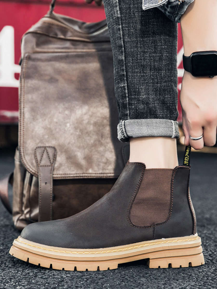 CHELSEA BOOTS MENS LEATHER SPRING AND AUTUMN HIGH-TOP COTTON SHOES MARTIN BOOTS BRITISH MID-TOP WINTER FLEECE BOOTIES CARGO SHOES
