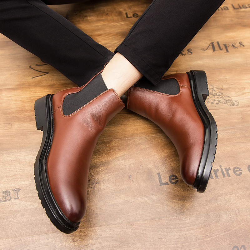 SLIP-ON MARTIN BOOTS CHELSEA MID-TOP LEATHER BOOTS KOREAN BRITISH STYLE RETRO BOOTS HIGH-TOP LEATHER MENS BOOTS LEATHER SHOES