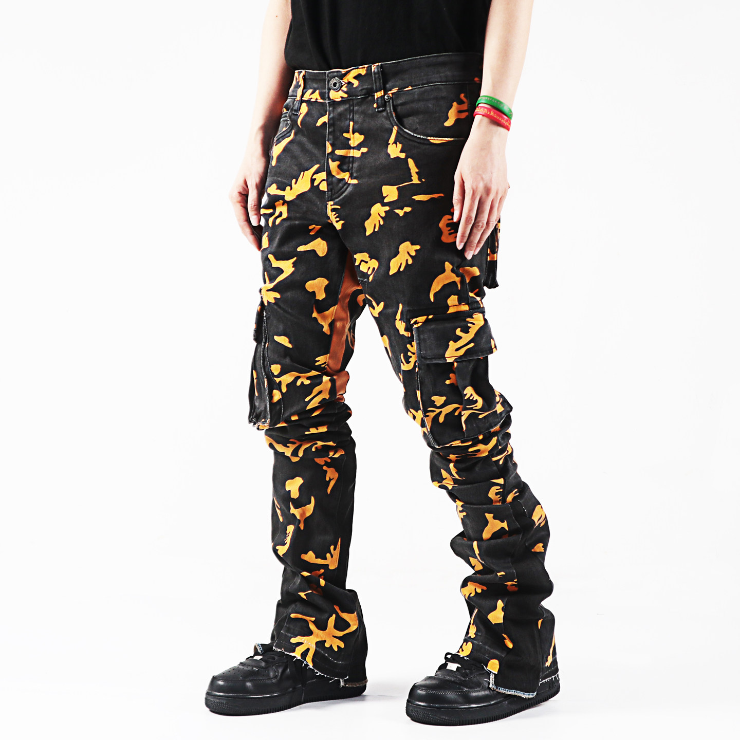 街头hiphop水洗拼色迷彩补丁做旧重磅多口袋复古美式喇叭牛仔长裤