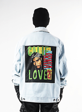 美式嘻哈oversize复古宽松2pac加州之恋嘻哈人像解构水洗牛仔夹克