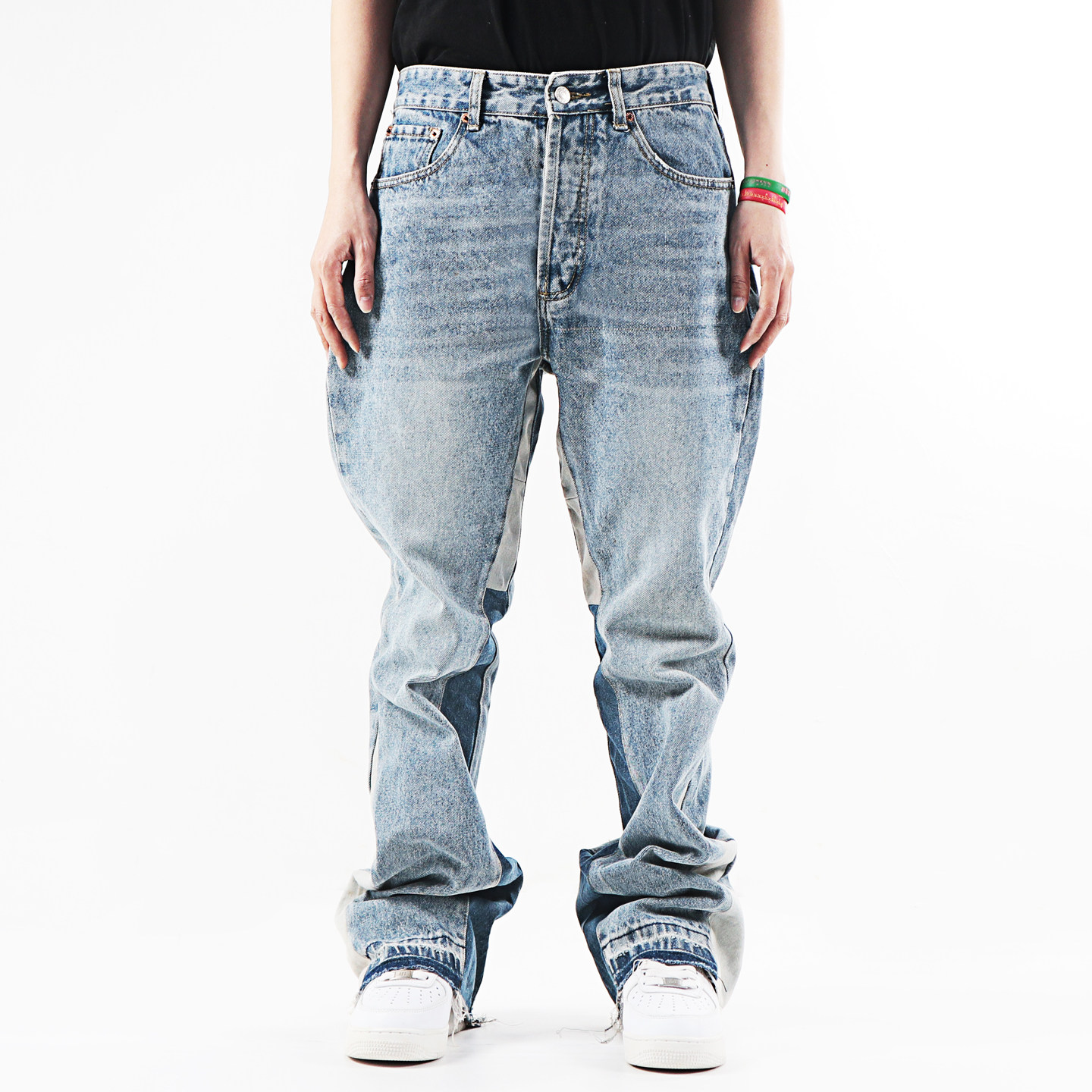 街头hiphop水洗拼接喇叭复古做旧重磅拼色宽松美式喇叭牛仔长裤