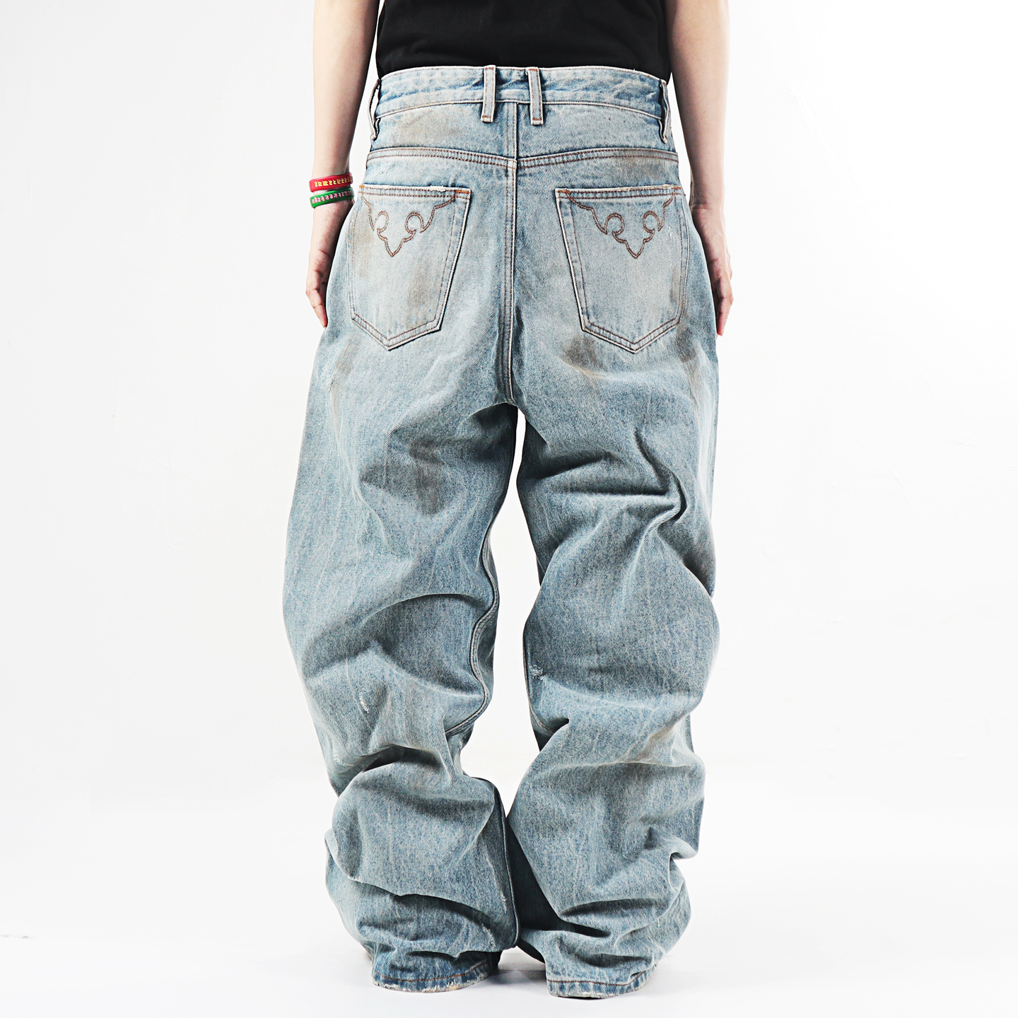 街头hiphop水洗重磅西部式重工宽松拖地美式喇叭复古嘻哈牛仔长裤