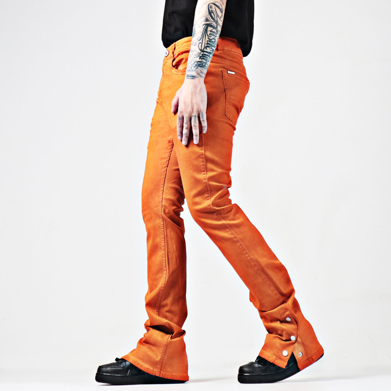 美式街头hiphop纽扣裤口染色做旧高街复古弹性休闲重工喇叭牛仔裤