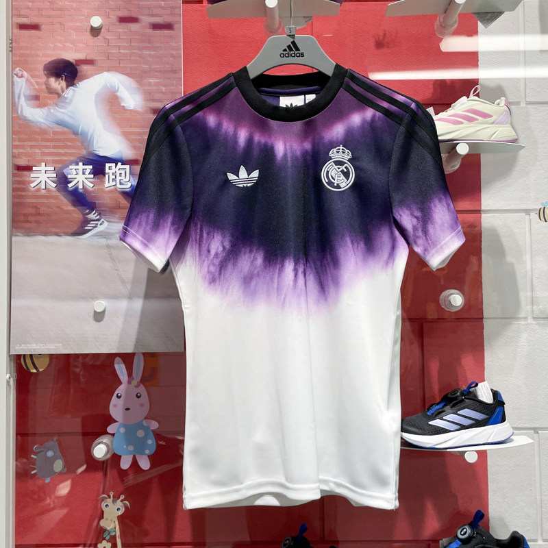 阿迪达斯三叶草男装2025春款皇马扎染系列运动短袖休闲球衣JF2590