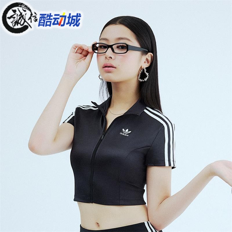 阿迪达斯三叶草女子新款辣妹露腰短款修身立领拉链运动上衣JD0277