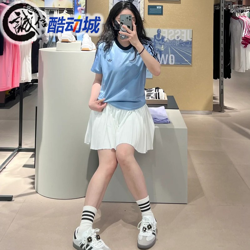 阿迪达斯三叶草女子经典条纹花纹里透气运动短袖T恤JV9647 JV9644 - 实物图