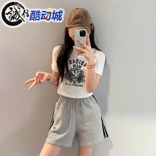 阿迪达斯三叶草女子2025夏新款修身短款运动休闲T恤JZ0851 JW6033