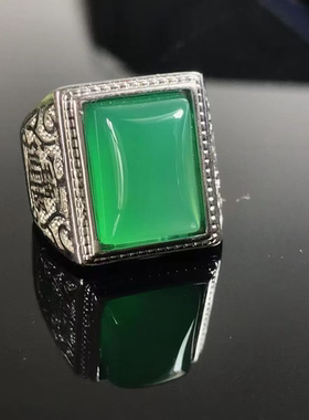 新中式饰品冰绿玉髓招财进宝霸气大气男士方形男戒可调节大小扳指