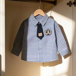溯格春季蓝色格子衬衫2026新款宝宝衬衣长袖小童韩式风男童上衣