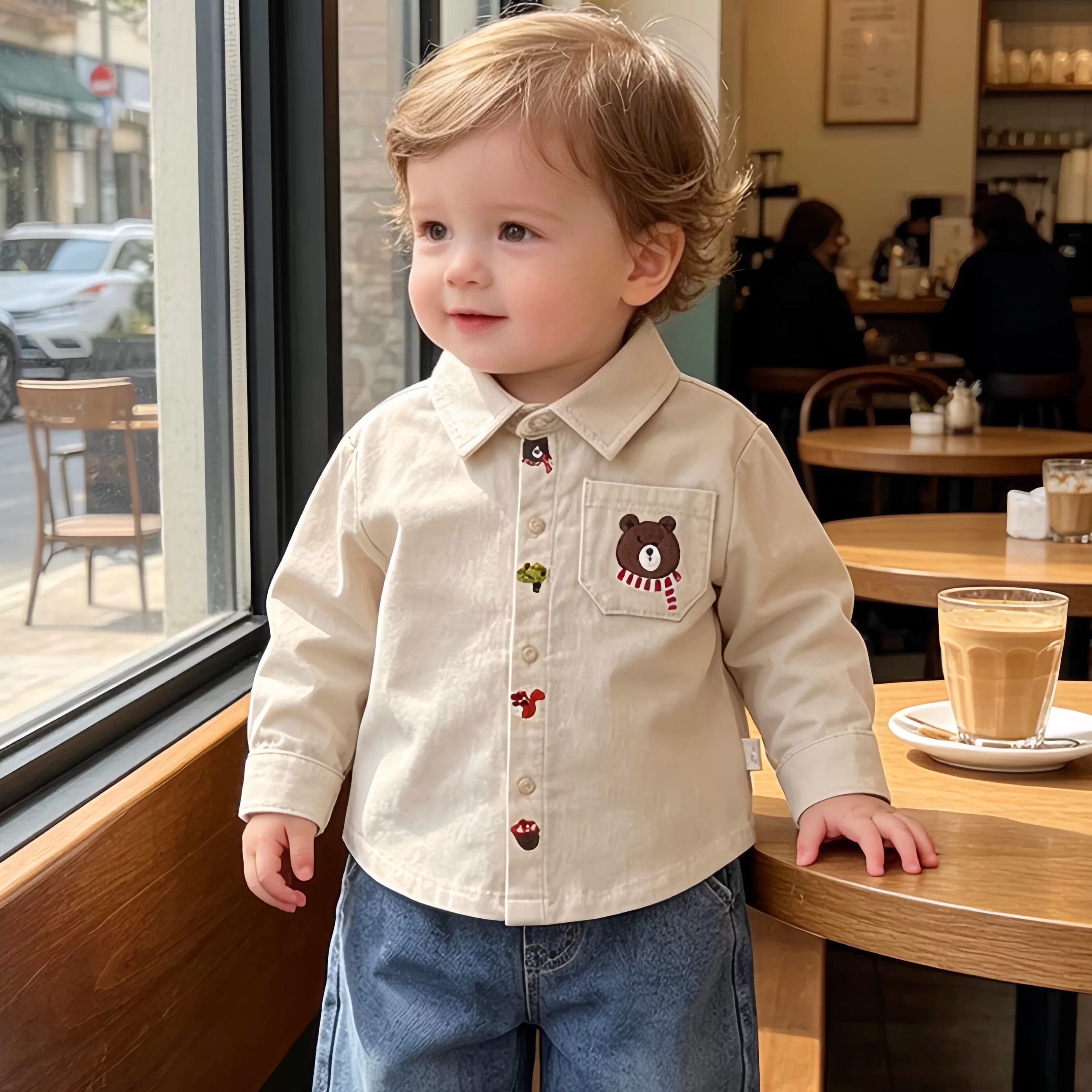 ins风男童衬衫春秋款儿童长袖衬衣宝宝小熊刺绣上衣A类外出服