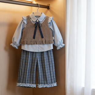 新款春季女童套装荷叶边衬衫+纯色背心+格子裤儿童三件套80-140码