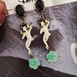 复古耳环T2-3欧美巴洛克风天使吹号长款夸张耳坠耳饰品古堡耳钉