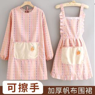 时尚 围裙女厨房做饭防污透气罩衣大口袋四季 通用有袖 围腰 帆布长袖
