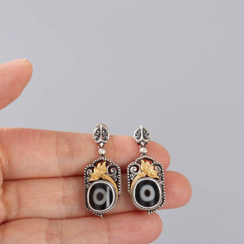 复古银色镶嵌仿天珠耳坠藏式民族风饰品莲花耳坠民族风百搭耳饰