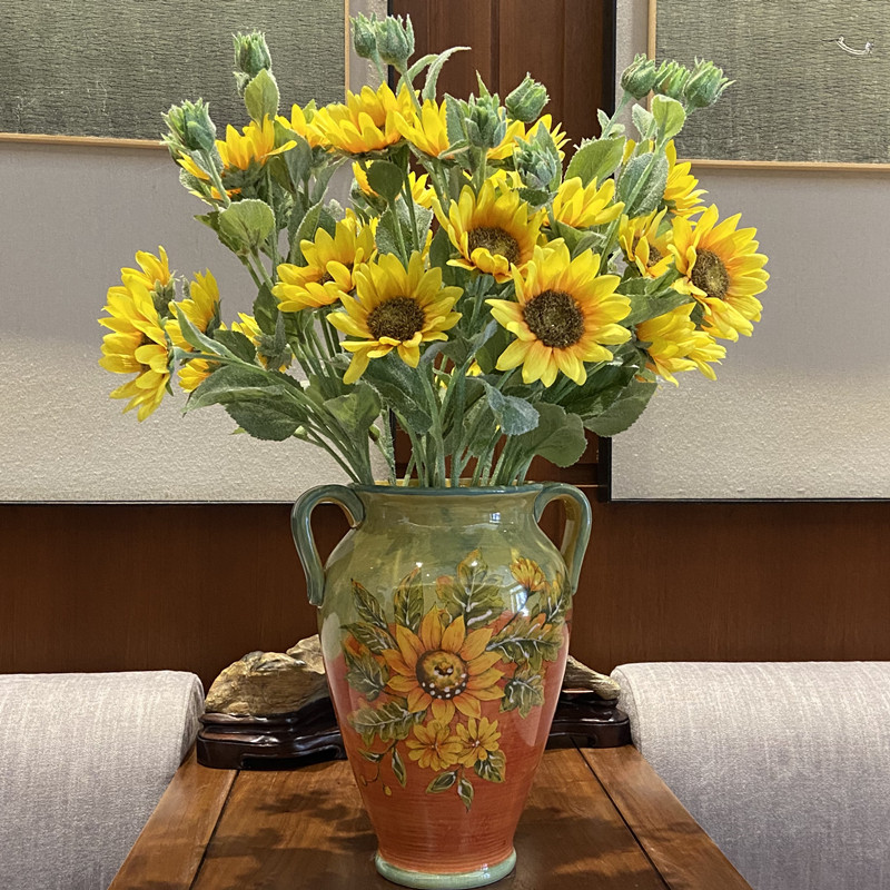 美式 彩绘向日葵陶瓷干花花插 特色家居摆件客厅艺术花瓶插花装饰