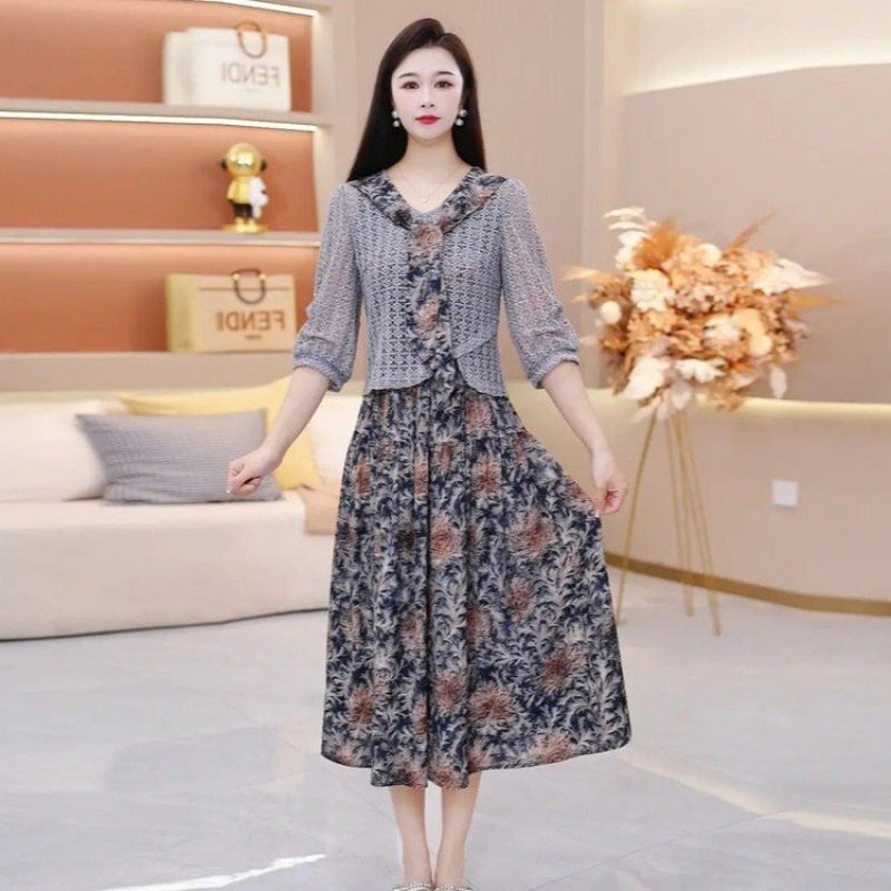 正品春夏清凉透气妈妈装假两件无袖碎花连衣裙镂空罩衫中年女